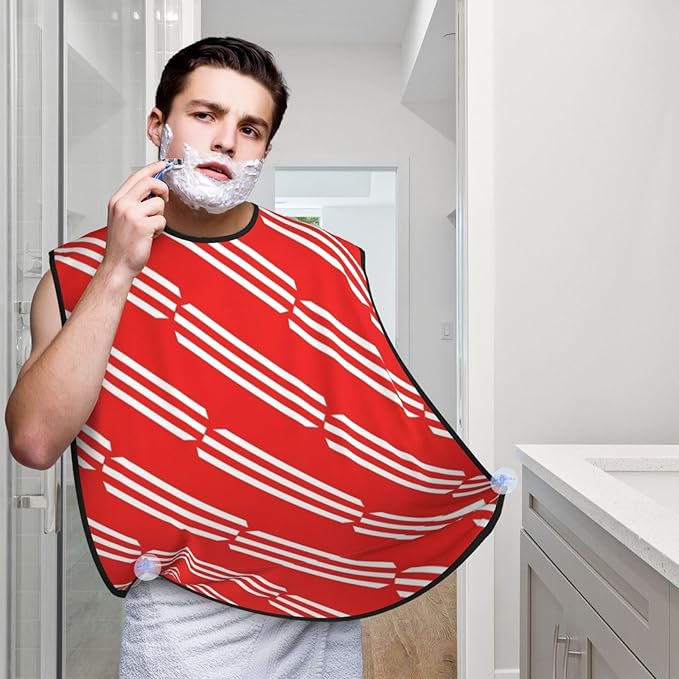 Ultimate Shaving Bib, Beard Trimming Apron with Hair Catcher, Christmas Red Candy Cane Stripes