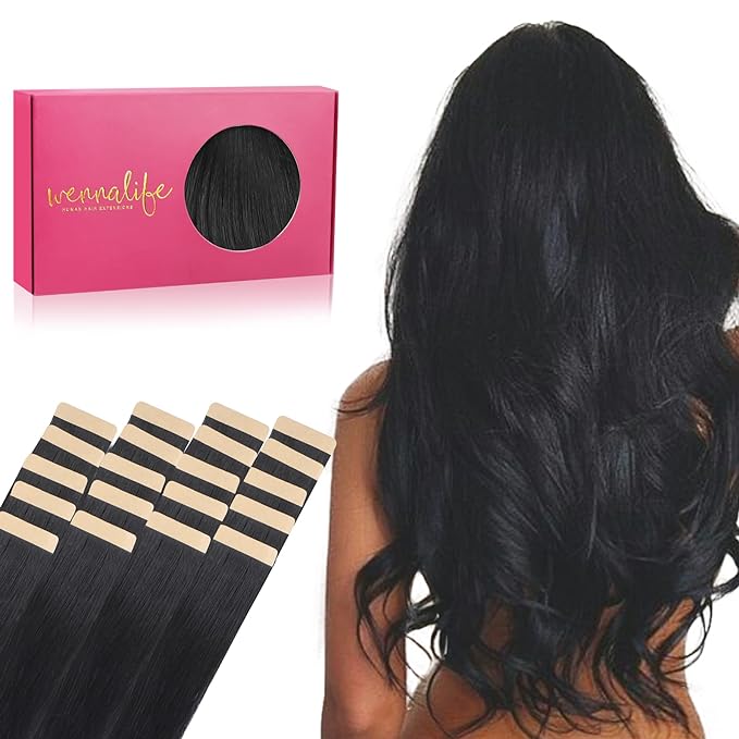 WENNALIFE Tape in Hair Extensions Human Hair, 20pcs 50g 22 inch Jet Black Remy Hair Extensions Straight Human Hair Tape in Extensions Skin Weft Tape Extensions Human Hair