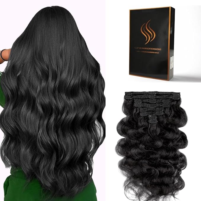 Clip in Hair Extensions Real Human Hair Body Wave 1 Jet Black Clip in 100% Brazilian Remy Human Hair Extensions 8pcs Per Set with 18 Clips Double Weft 22 Inch 110g/3.6oz