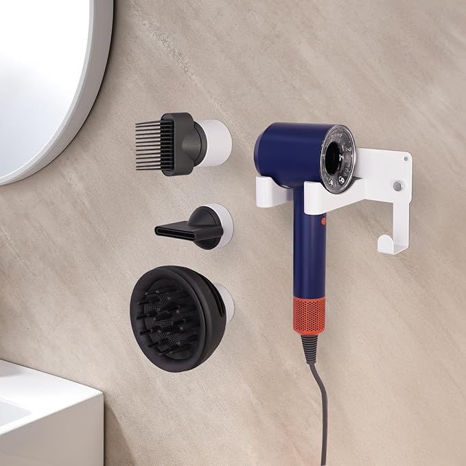 Hair Dryer Holder, Hair Dryer Holder Wall Mounted Self Adhesive Hairdryer Holder forDyson Aluminum Blow Dryer Holder Wall Mounted Black Hairdryer Hanger for Bathroom White CHOCHOYAH