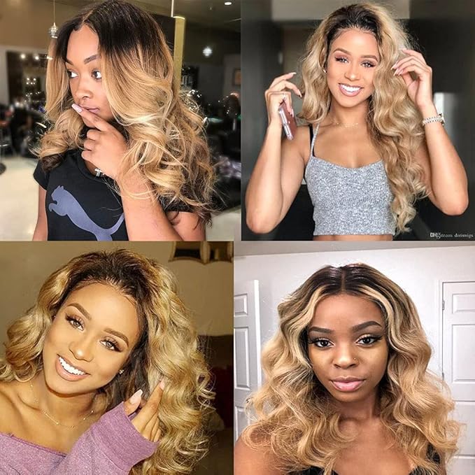 1b/27 Human Hair Bundles Ombre Blonde Body Wave Bundle Brazilian Virgin Remy Hair 3 Bundles 16 18 20 Inch 2 Tone Honey Blonde and Black Bundle Double Weft Hair Weave 150g