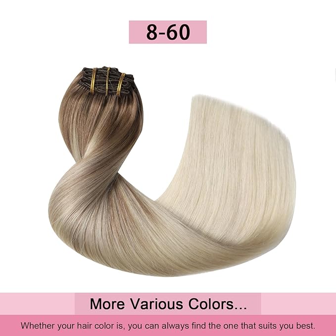 Pro2.0 Remy Clip in Extensions Real Human Hair Color #8/60 Ash Brown to Platinum Blonde Remy Clip in Hair Extensions Real Human Hair 18inch 120g Thick 7pcs Double Weft（#8/60-18inch）