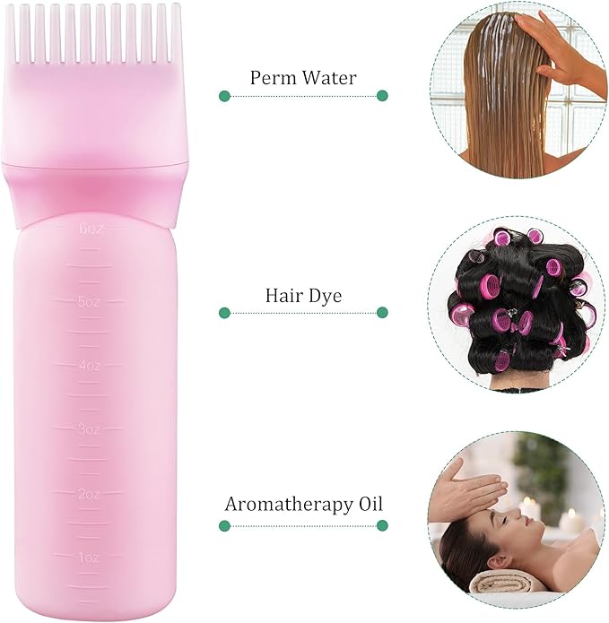 Cosywell Root Comb Applicator Bottle 6 Ounce 3 Pack Hair Oil Applicator Brush for Hair Root Comb Color with Graduated Scale (Black Pink Green)