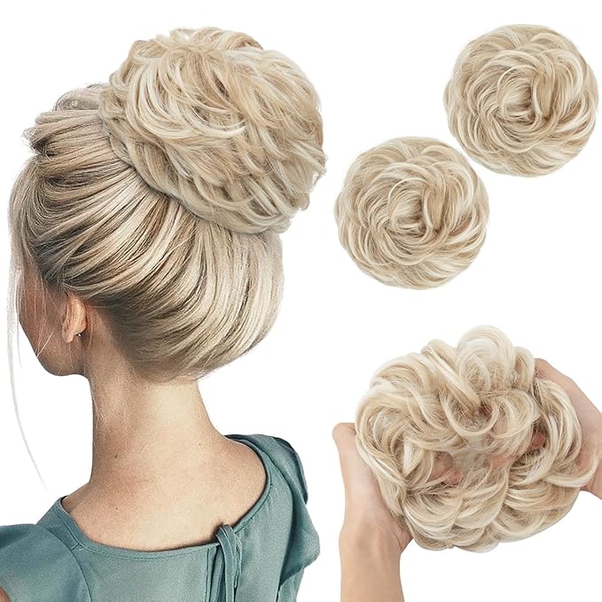 SARLA 2PCS Messy Hair Bun Hair Pieces Wavy Curly Synthetic Updo Fake Scrunchies Ponytail Extension for Women Cream Blonde