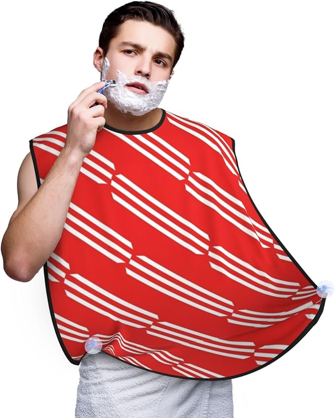Ultimate Shaving Bib, Beard Trimming Apron with Hair Catcher, Christmas Red Candy Cane Stripes