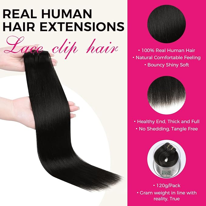Lashey Clip in Hair Extensions 7pcs 120g Light Yaki Straight Hair Extensions Real Human Hair Natural Black 24 Inch Hair Extensions Real Human Hair Clip ins
