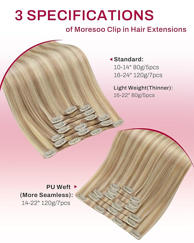 Moresoo Clip in Hair Extensions Blonde Highlights Long Remy Real Human Hair Clip in Extensions Golden Blonde with Medium Blonde for Women Warm Color Straight Double Weft 120g/7pcs 16 inch