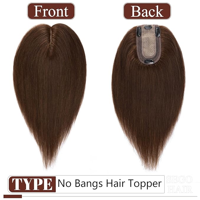 SEGO Real Human Hair Topper for Women, No Bangs Hair Topper with Anti-Slip Clips (18 Inches Medium Brown)