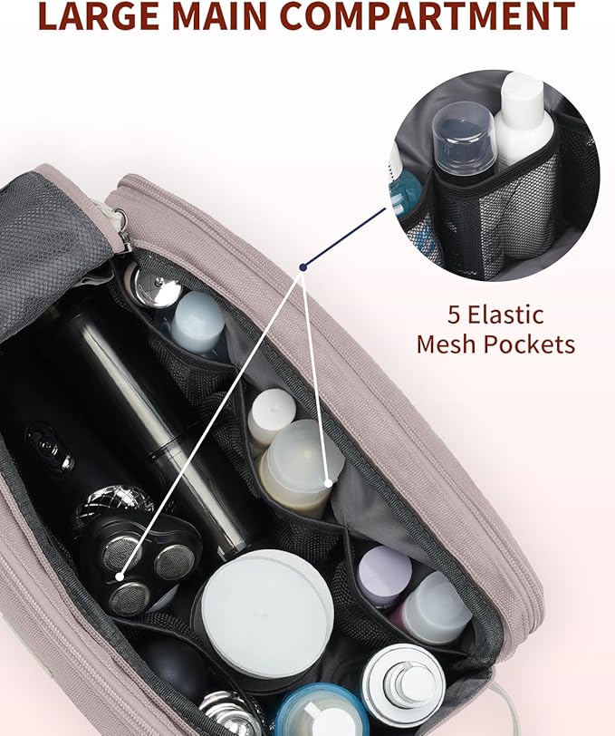 WANDF Toiletry Bag for Men Travel Toiletry Organizer Canvas and Leather Dopp Kit Water-Resistant Shaving Bag for Travel Accessories (Light Pink, Large)