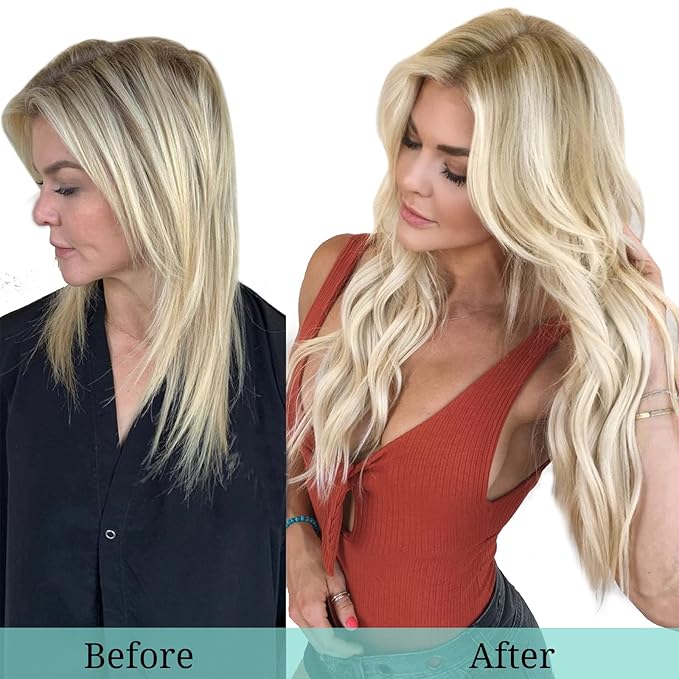 DOORES Clip in Hair Extensions Balayage Light Blonde Highlighted Golden Blonde Remy Human Hair Extensions Clip in Straight Thick 16 Inch 120g 7pcs Real Natural Hair Extensions