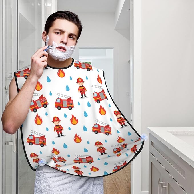 Beard Trimming Hair Catcher, Cartoon Fireman Red Fire Truck Shave Bib, Non-Stick Bib Apron Waterproof, Shaving Tool for Men for Husband Father’s Day