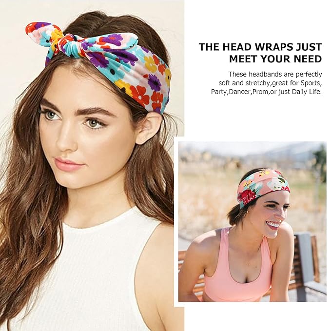 DRESHOW Boho Bow Headbands for Women Vintage Flower Printed Yoga Hairband Elastic Rabbit Ear Head Wrap 6 Pack