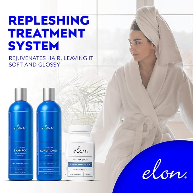 Elon Complete Kit for Thinning Hair – Elon Essential Shampoo and Conditioner Set + Matrix 5000 Hair Growth Supplement – NO Sulfates, Parabens or Phthalates