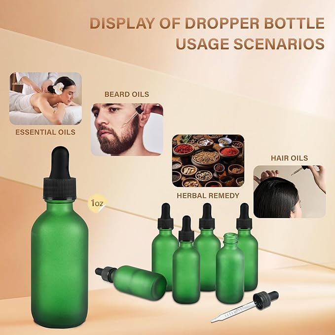 6 Pcs, 2oz Dropper Bottle, Green Glass Eye Dropper Bottle, Tincture Bottles with Dropper, Pretty Finish, Leak-Proof Design, Stronger Suction for All Kinds of Mixed Liquids