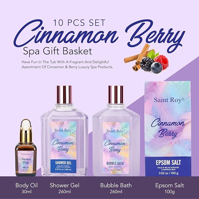 Christmas Spa Gift Set Basket for Women Cinnamon Berry, Gift Baskets, Spa Gifts Women Teen Girls Bath and Body Gift Sets,Self Care Spa Kit