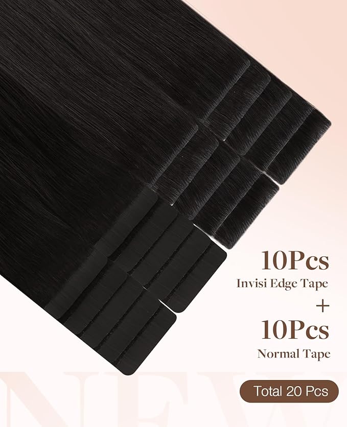 GOO GOO Invisi Edge Tape in Hair Extensions Human Hair, 1B Natural black 10pcs injected with 10pcs classical tape ins, 12inch 40g, Virgin Remy Hair, Natural Look