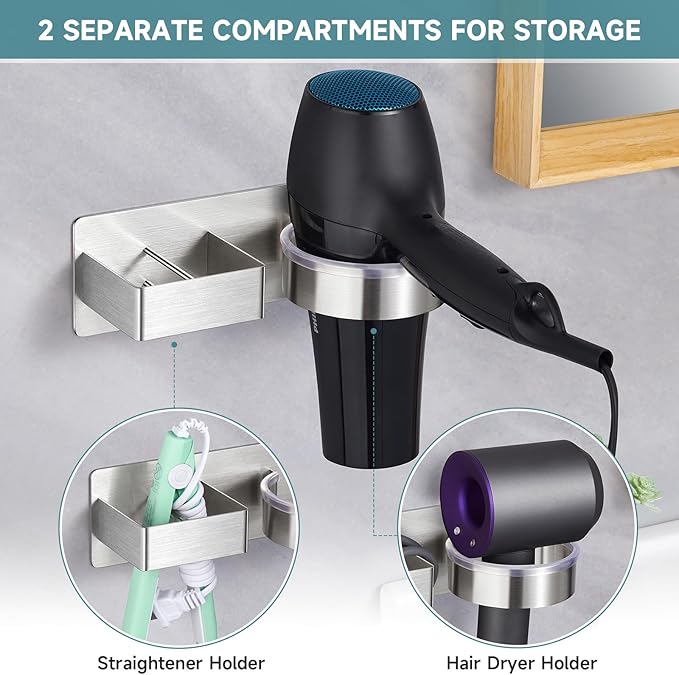 Hair Dryer Holder, Hair Tool Organizer, Stainless Steel Blow Dryer Holder Wall Mounted, Adhesive Straightener Holder, Bathroom Hair Care Styling for Flat Iron,Curling Iron,Hairdryer