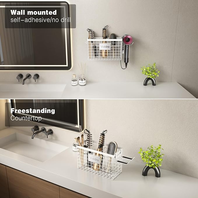 Voldra 2 Pack Hair Dryer Holder Cabinet Door, Adhesive Hair Tool Organizer Wall Mount Adjustable Height Blow Dryer Holder Under Sink for Flat Curling Iron, Hair Brush and Straightener(White)