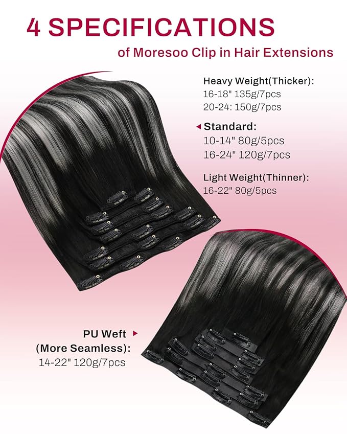 Moresoo Silver Grey Hair Extensions Real Human Hair Clip ins Balayage Black to Silver Double Weft Human Hair Clip in Extensions Short Straight Hair Extensions for Women 80g/5pcs 14in