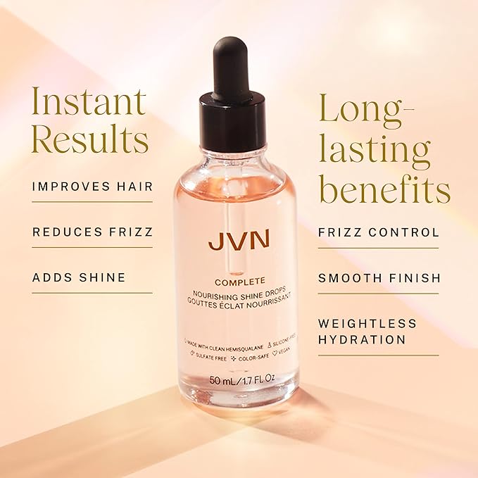 JVN Complete Nourishing Shine Drops, 1.7 Fl Oz, Frizz Fighting, Hair Smoothing Oil for Shine and Strength, Hair Care for Women and Men, Silicone Free