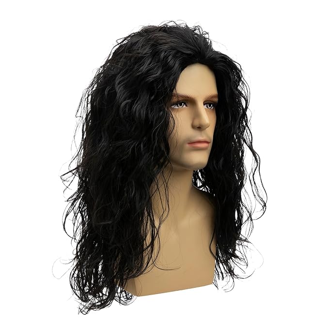 Baruisi Long Curly Wavy Black Wigs for Men Synthetic Natural Party Halloween Cosplay Hair Wig