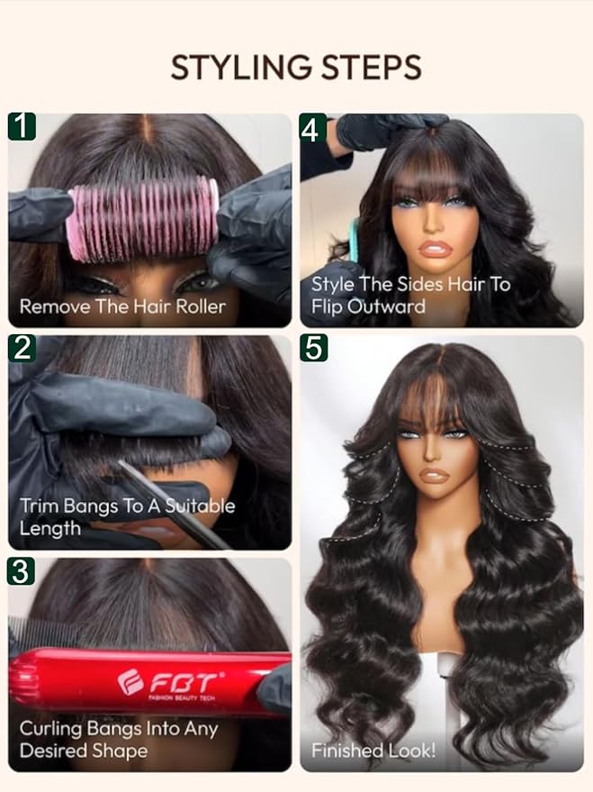 KLAIYI Fluffy Body Wave Curtain Bang Wig Bye Bye Knots Glueless Pre Cut 7x5 Lace Front Wigs Human Hair Loose Wave Pre Bleached Pre Plucked Pre Everything 3S Easy to Wear and Go Wig 180% Density 18Inch