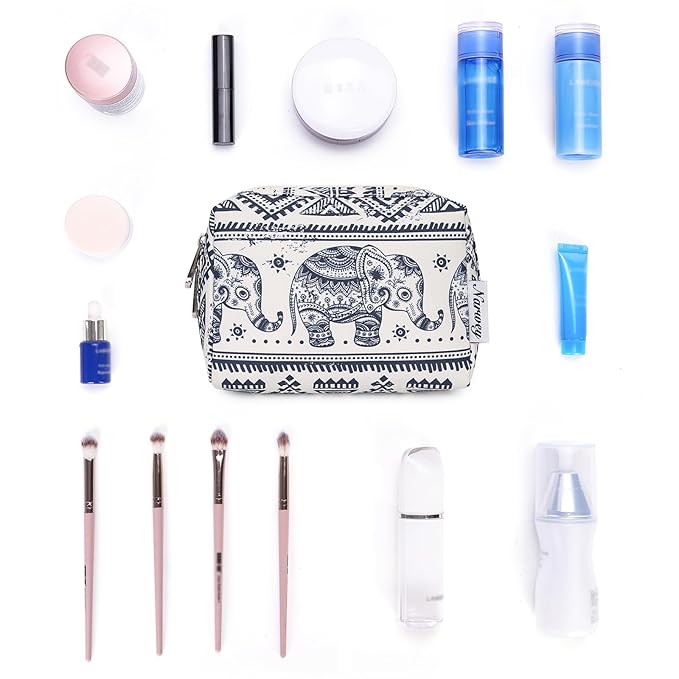 Narwey Small Makeup Bag for Purse Mini Cosmetic Bag Travel Makeup Pouch Zipper Pouch Cute Make up Bags with Compartments for Women Girls (Elephant, Small)