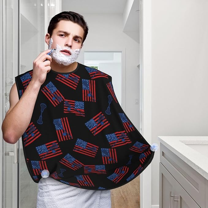 Ultimate Shaving Bib, Beard Trimming Apron with Hair Catcher, Lacrosse Sticks Ball USA American Flag Black