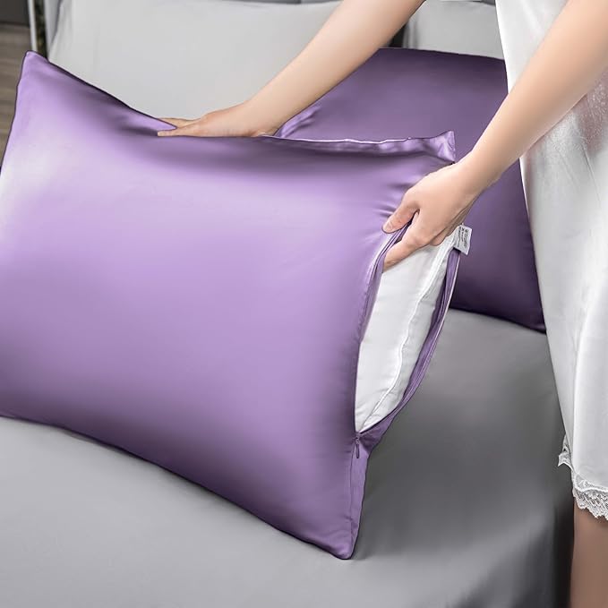 Mulberry Silk Pillowcase for Hair and Skin,King Size Cooling Silk Pillow Case with Hidden Zipper,Allergen Proof Dual Sides Soft Breathable Smooth Silk Pillow Cover for Women(King,Violet)