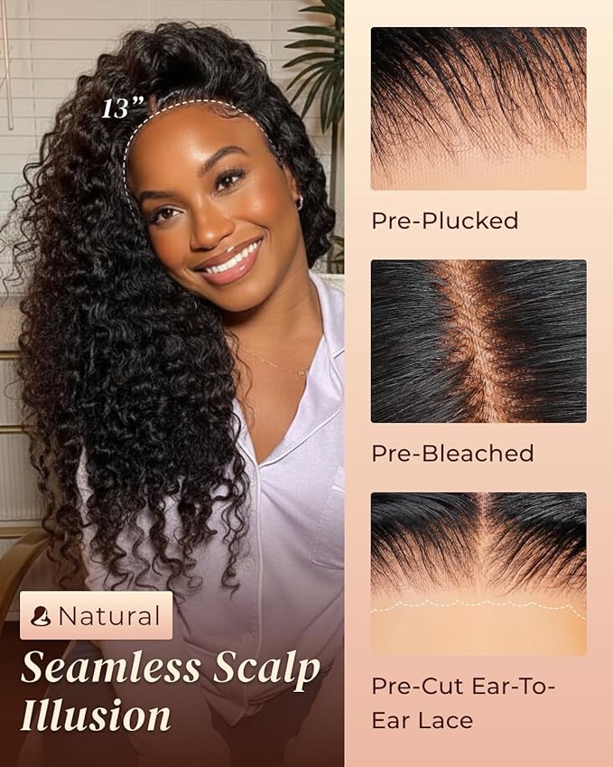 Arabella 13x6 Lace Front Wigs Human Hair 210% Density Glueless Wigs Human Hair 100% Curly Wave Human Hair Wigs 12A Pre Plucked Pre-Bleached Pre-Cut Glueless Wig (30inch,13x6 deep curly wig)