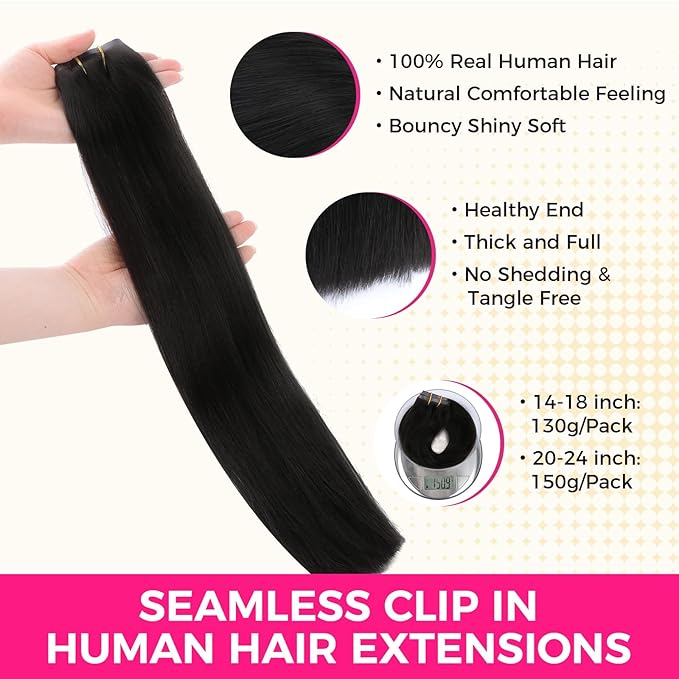 Lashey Seamless Clip in Hair Extensions Human Hair 130g 9pcs #1 Jet Black Straight 14 Inch Human Hair Clip in Extensions for Women