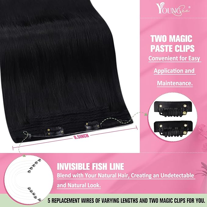 YoungSee 130G Wire Hair Extensions Real Human Hair Black Wire Hair Extensions for Women Jet Black Headband Hair Extension Human Hair 22inch
