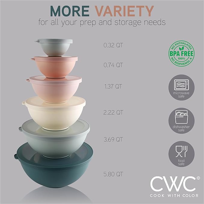 COOK WITH COLOR Mixing Bowls with TPR Lids - 12 Piece Plastic Nesting Bowls Set includes 6 Prep Bowls and 6 Lids, Microwave Safe (Teal)