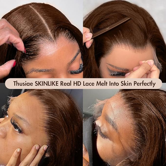5x5 SKINLIKE HD Lace Closure Wigs Human Hair, Chocolate Brown Lace Front Wig With Baby Hair, Loose Wave Pre-Plucked Bleached Knots 250% Density HD Lace Closure Wigs 18 Inch