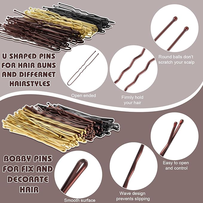 480 Pcs Bobby Pins Hair Pins Kit, U Shaped Hair Pins for Buns, Hair Pins for Women, Hair Rubber Bands with Box, 2/2.36/2.76inch Black Bobby Pins Brown Hair Blonde Hair Pins for Styling