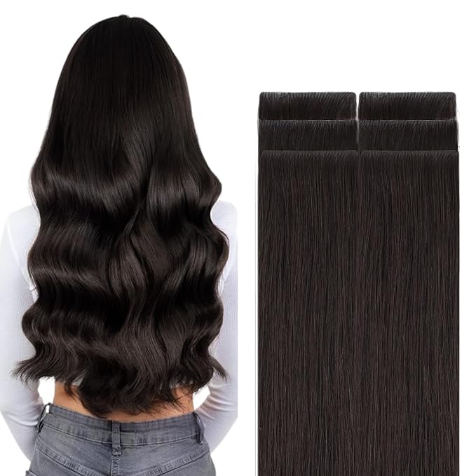 GOO GOO Invisi Edge Tape in Hair Extensions Human Hair, 2 Dark Brown, 6pcs 18inch 15g, Virgin Remy Hair, Seamless Injected Tape, Natural Look