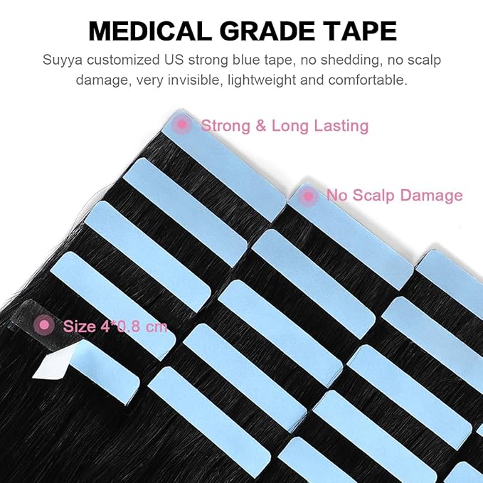 SUYYA Tape in Hair Extensions Human Hair Jet Black 26 Inch 60g/pack 20pcs Straight Seamless Skin Weft Tape in Real Human Hair Extensions(26inch #1 Jet Black)