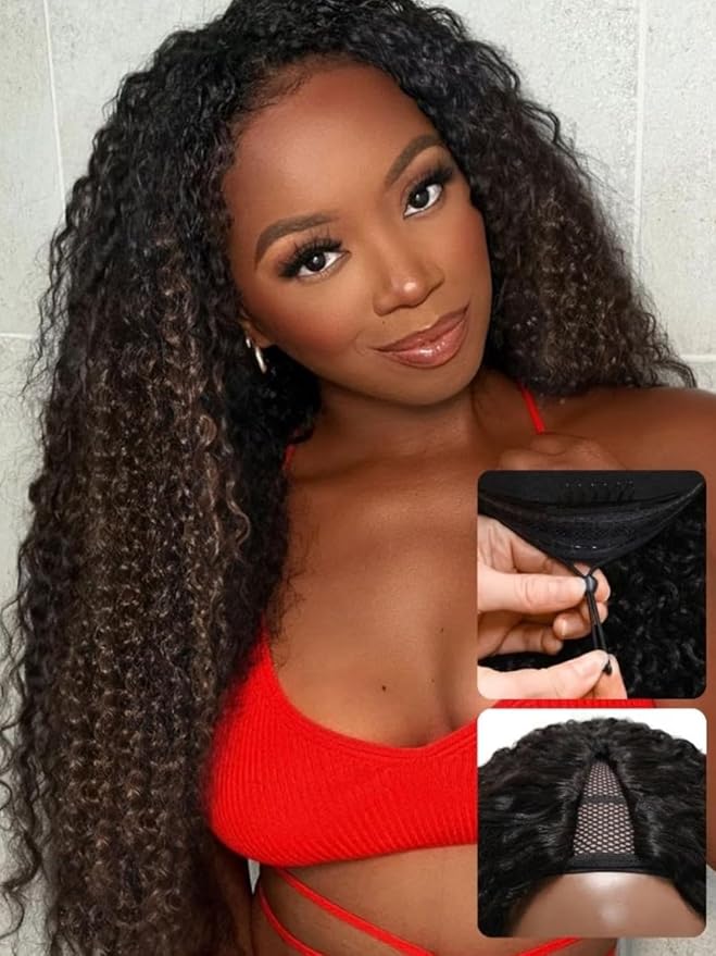 YIROO EasiContour V Part Ombre Brown Human Hair Wig Curly 12A Glueless Upgrade U Part Wig Ombre Black to Chestnut Brown No Leave Out V Shape Clip Wigs Ready to Go 150% Density Beginner Friendly 24Inch