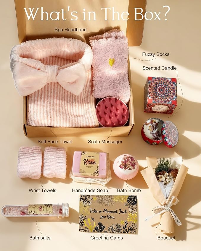 Coralogo Rose Spa Gift Baskets - Natural Pampering Spa Set, Self-Care Get Well Soon Basket,Thank You Gifts, Unique 11pcs Gift Set for Birthday Christmas Valentines Day Mothers Day