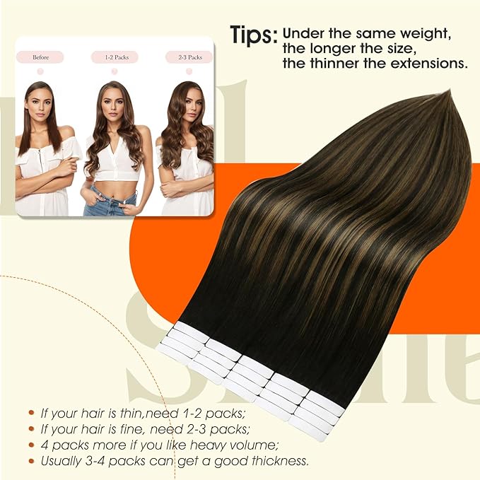 Full Shine Black Tape in Extensions Human Hair Balayage Tape in Hair Extensions Color 1B Black Ombre 6 Brown And 1B Seamless Skin Weft 18Inch Natural Extension 100G for Wedding 40Pcs
