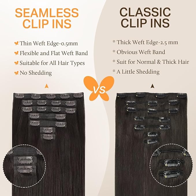 DOORES Seamless Invisible Edge Clip in Hair Extensions, Dark Brown 150g 7pcs 22 Inch, Clip in Human Hair Extensions Virgin Remy for Women