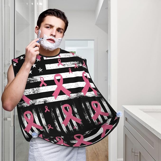 Waterproof Beard Grooming Bib, Breast Cancer Awareness Ribbons American Flag Black Shave Bib, Non-Stick Hair Catcher for Shaving Trimming, Apron Essential for Men Dad