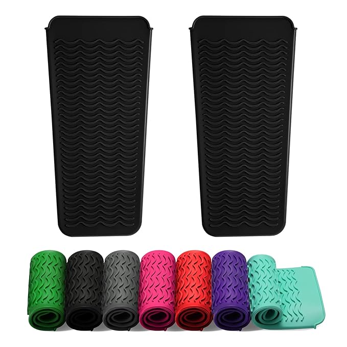 ZAXOP 2 Pack Heat Resistant Silicone Mat Pouch for Flat Iron, Curling Iron,Hair Straightener,Hair Curling Wands,Hot Hair Tools (Black&Black)