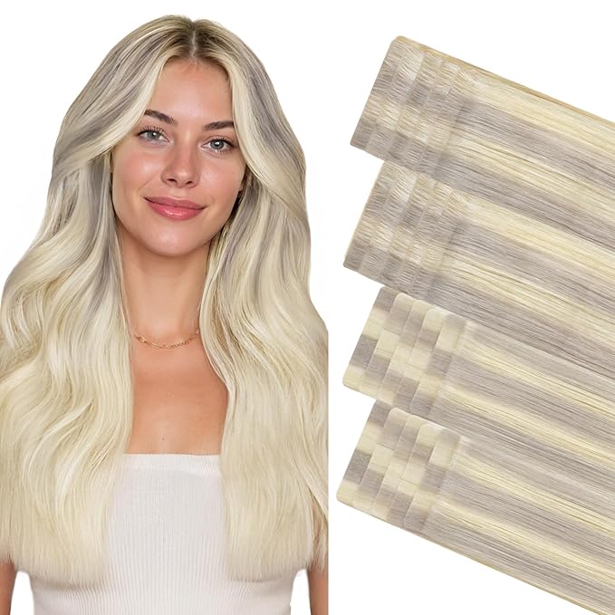 GOO GOO Invisi Edge Tape in Hair Extensions Human Hair, 17/22/60 Balayage Ash Blonde to Golden Blonde and Platinum Blonde 10pcs injected with 10pcs classical tape ins, 18inch 50g, Virgin Remy Hair