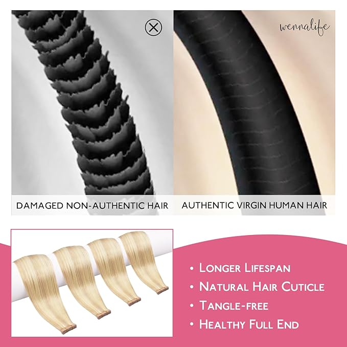 WENNALIFE Tape in Hair Extensions Human Hair Balayage Light Wheat Platinum Blonde Tape in Extensions, 10pcs 25g 18 inch Remy Invisible Tape Ins Straight Colored Soft Real Human Hair Tape in Extensions