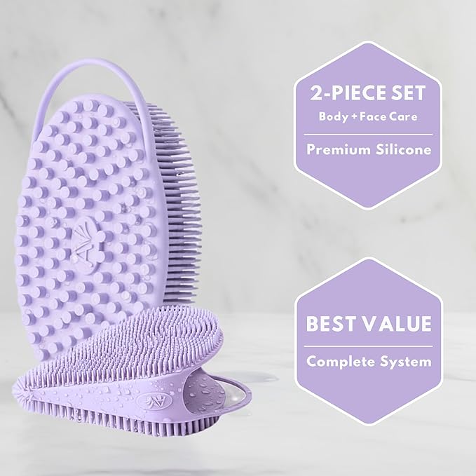 Body Face Scrubber Set Silicone - 2 Pack Shower Brush Facial Cleansing Kit - Avilana Bath Loofah Alternative Complete Skincare System Dual Sided - Gift Set Women Men