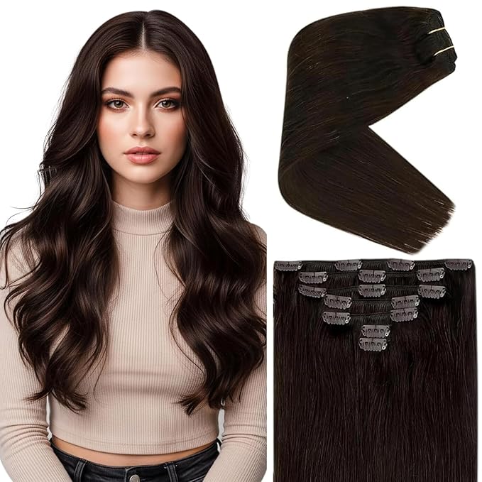 Ve Sunny Real Hair Extensions Clip in Human Hair Dark Brown Remy Hair Extensions for Women Human Hair Clip in Extensions Brazilian Hair Straight 20inch 120g 7pcs