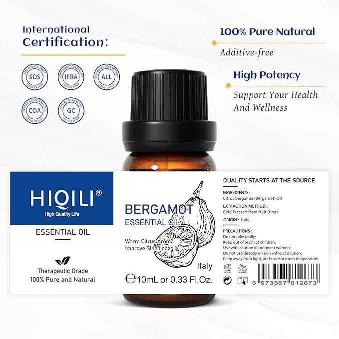 HIQILI Bergamot Essential Oil for Diffuser, Skin, Hair, DIY, 100% Pure & Natural, Travel Size - 0.33 Fl Oz (10 mL)