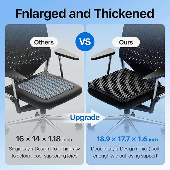 Gel Seat Cushion, Cooling Thick Big Breathable Honeycomb Design Absorbs Pressure Points Seat Cushion with Non-Slip Cover for Office Chair Home Cars Wheelchair