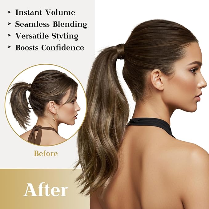 Ve Sunny Hair Extensions Ponytail Real Human Hair Wrap Around Clip in Ponytail Hair Extensions Straight Extensions Human Hair for Women Medium Brown Balayage Ombre Caramel Blonde 18inch 80G